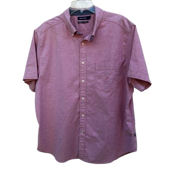 Nautica Casual Button Down Shirt Men's XL Red Classic Fit Logo Short Sleeve - Picture 2 of 10